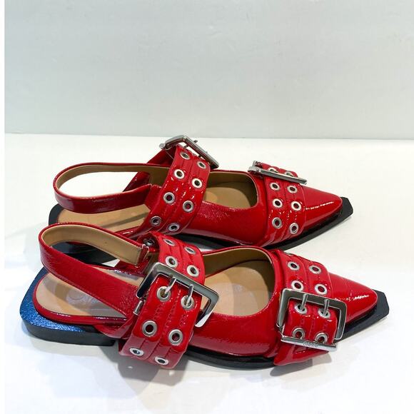 Ganni Red Buckle Ballerina Flats - Picture 4 of 10
